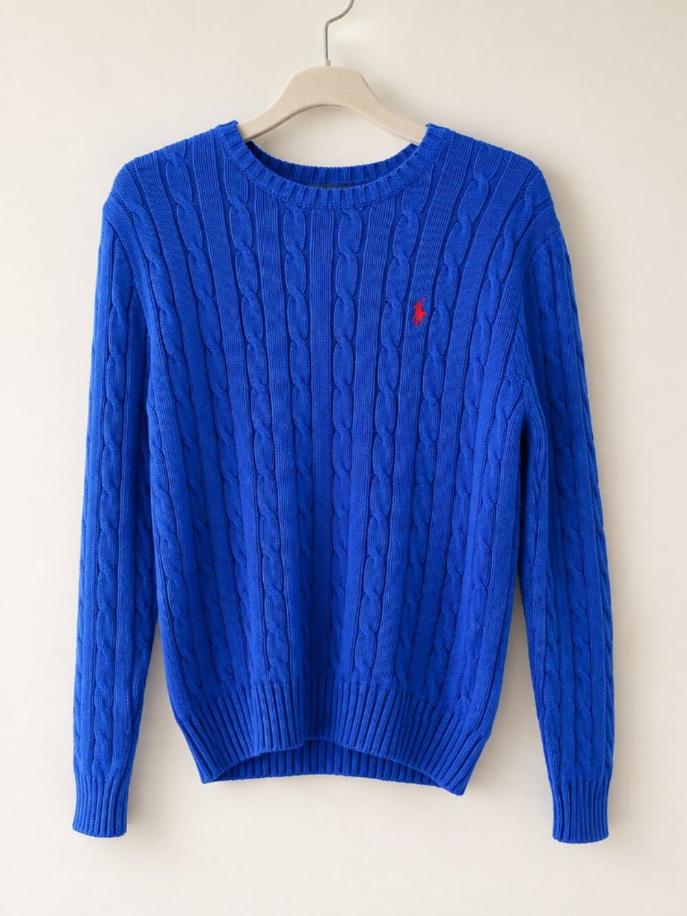 Polo Ralph Lauren Royal Blue Cable Knit Crewneck Sweater Red Logo Slim Fit M